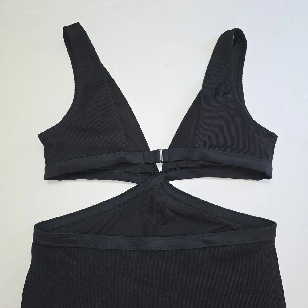 Aerie One Piece Swimsuit Size L Ribbed Mix Crossover Cut Out Black V-neck Womens